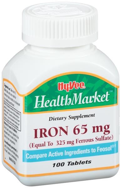 slide 1 of 1, Hy-Vee HealthMarket Iron 65 mg Dietary Supplement Tablets, 100 ct
