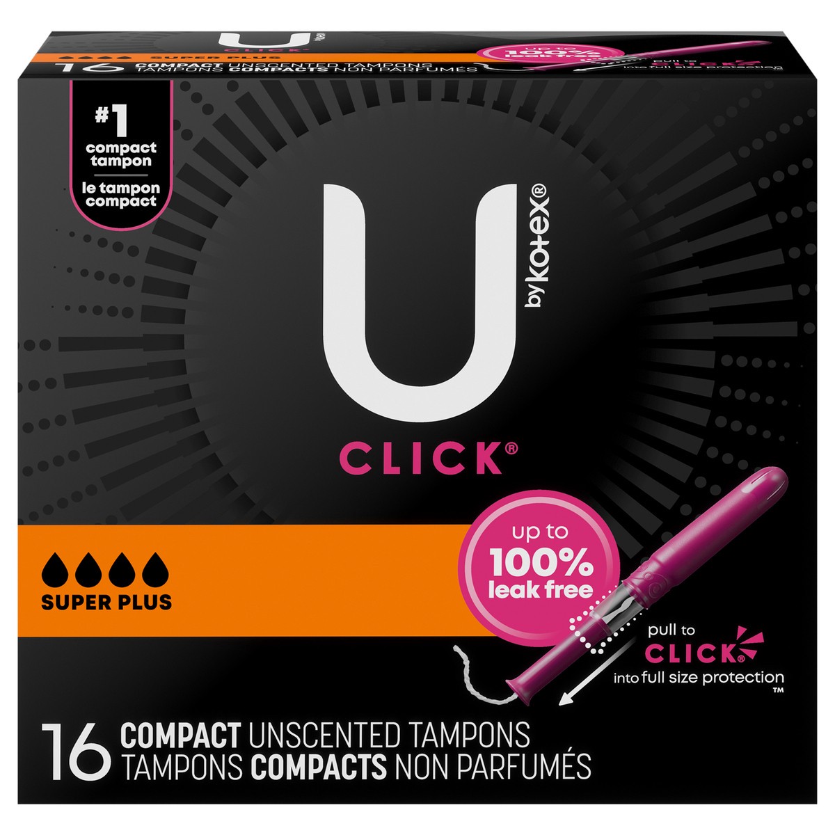 slide 1 of 9, U by Kotex Click Compact Tampons, Super Plus, Unscented, 16 Count, 16 ct