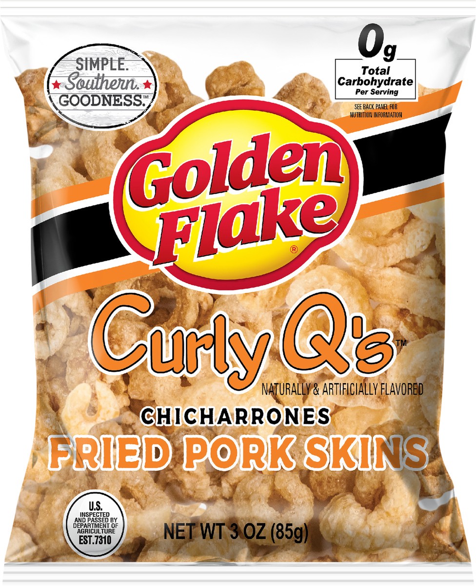 slide 6 of 7, Golden Flake Curly Q's Chicharrones Fried Pork Skins Originl, 3 oz