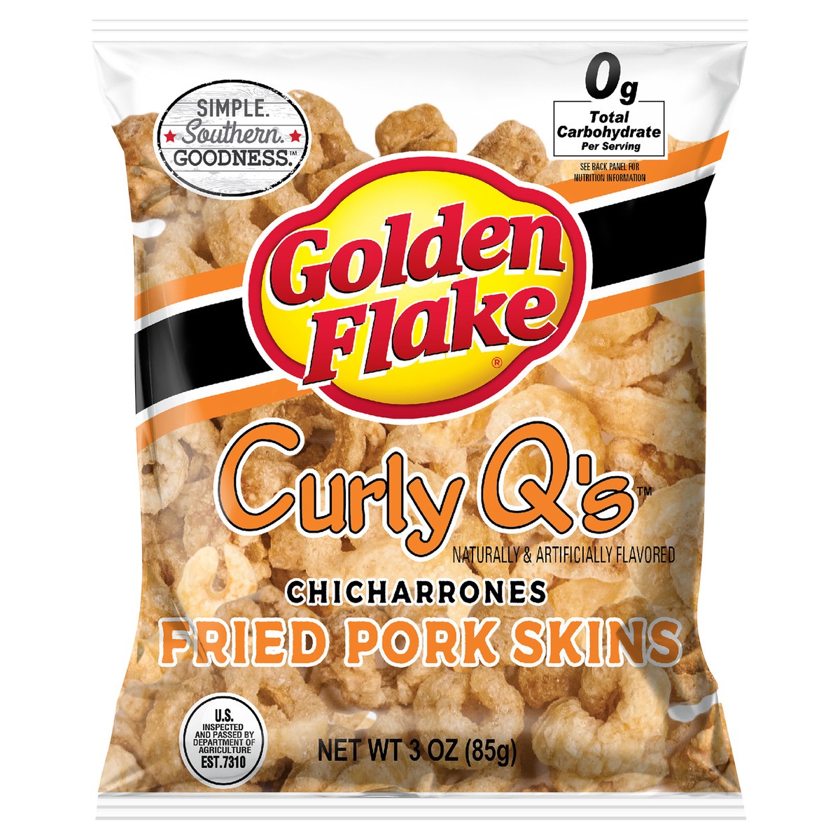 slide 1 of 7, Golden Flake Curly Q's Chicharrones Fried Pork Skins Originl, 3 oz