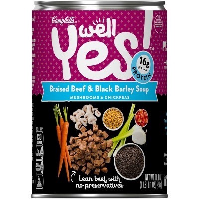 slide 1 of 11, Campbell's Well Yes! Braised Beef & Black Barley Soup, 16.1 oz