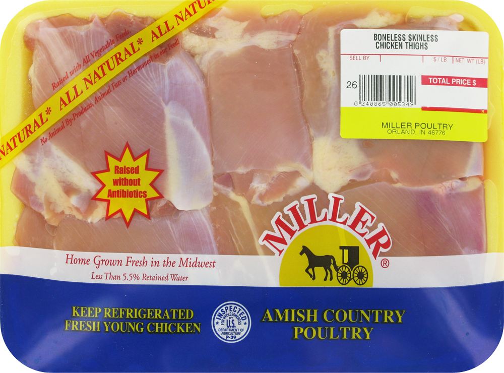 slide 2 of 2, Miller Poultry Boneless Skinless Fresh Chicken Thighs, per lb