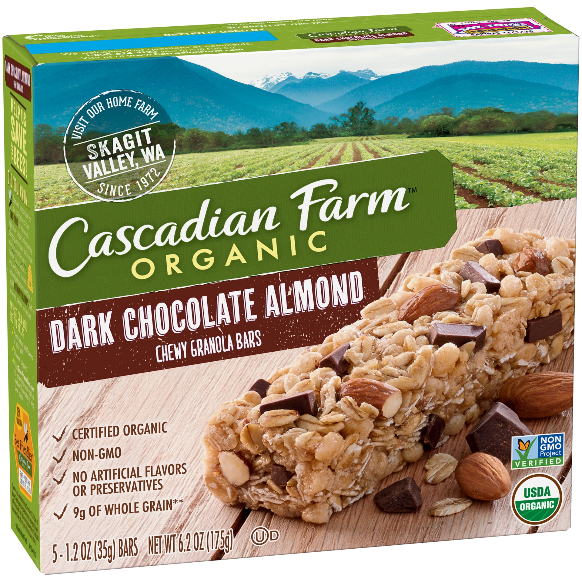 slide 1 of 1, Cascadian Farm Organic Dark Chocolate Almond Chewy Granola Bar, 5 ct; 1.2 oz