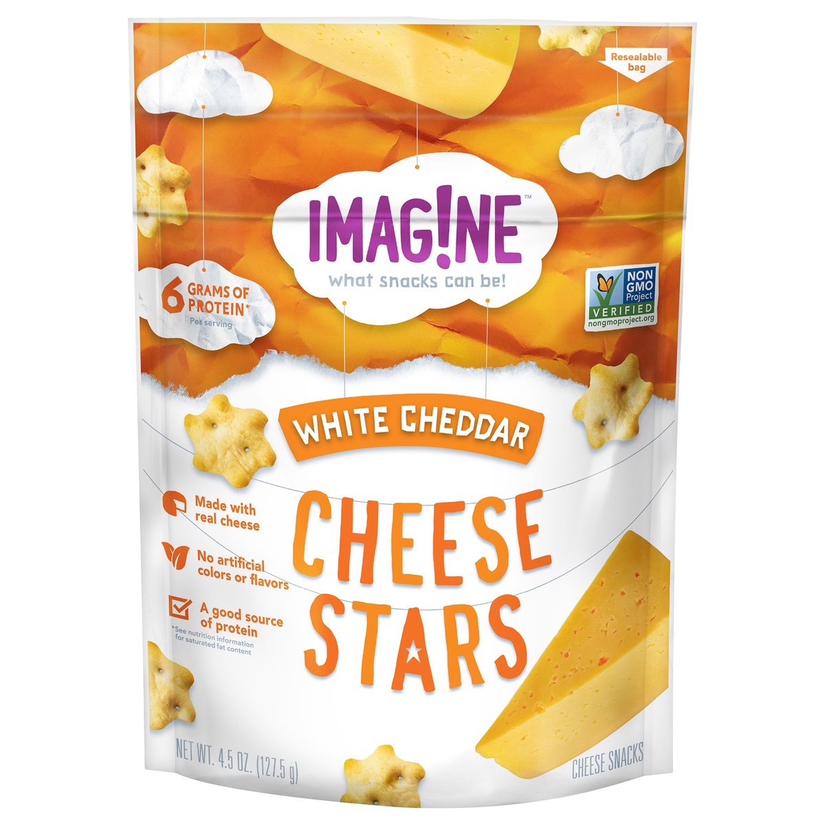 slide 1 of 4, Imagine Cheese Snacks, White Cheddar, Cheese Stars, 4.5 oz