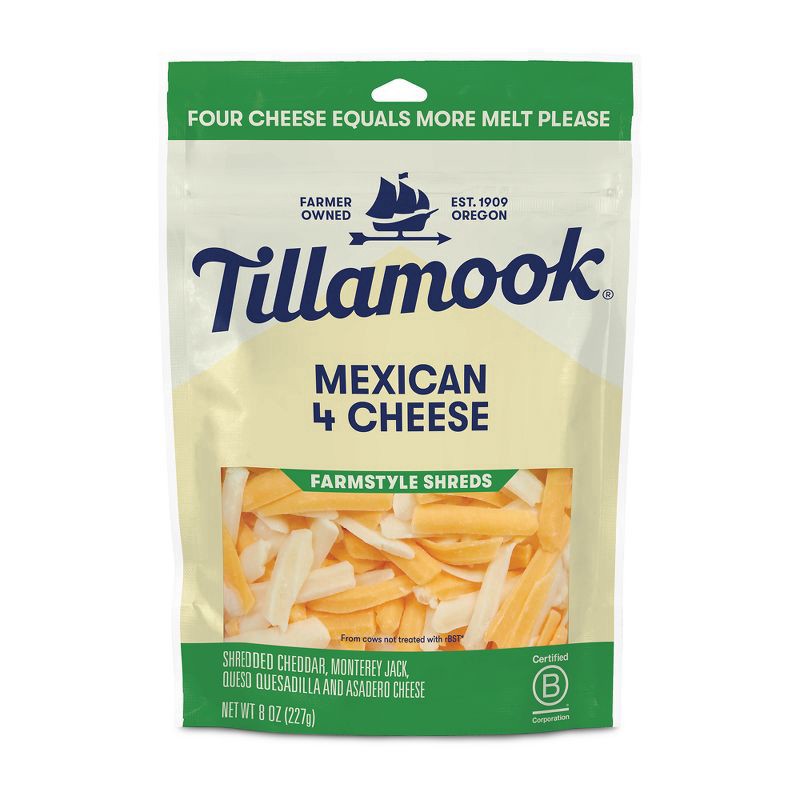 slide 1 of 4, Tillamook Farmstyle Thick Cut Mexican 4 Cheese Blend Shredded Cheese, 8 oz