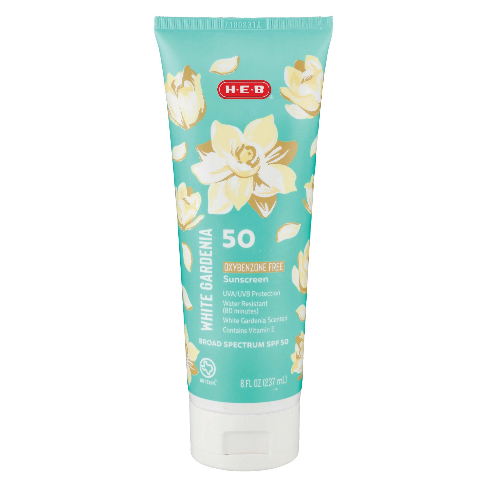 slide 1 of 1, H-E-B Solutions Oxybenzone Free SPF 50 White Gardenia Sunscreen, 8 oz