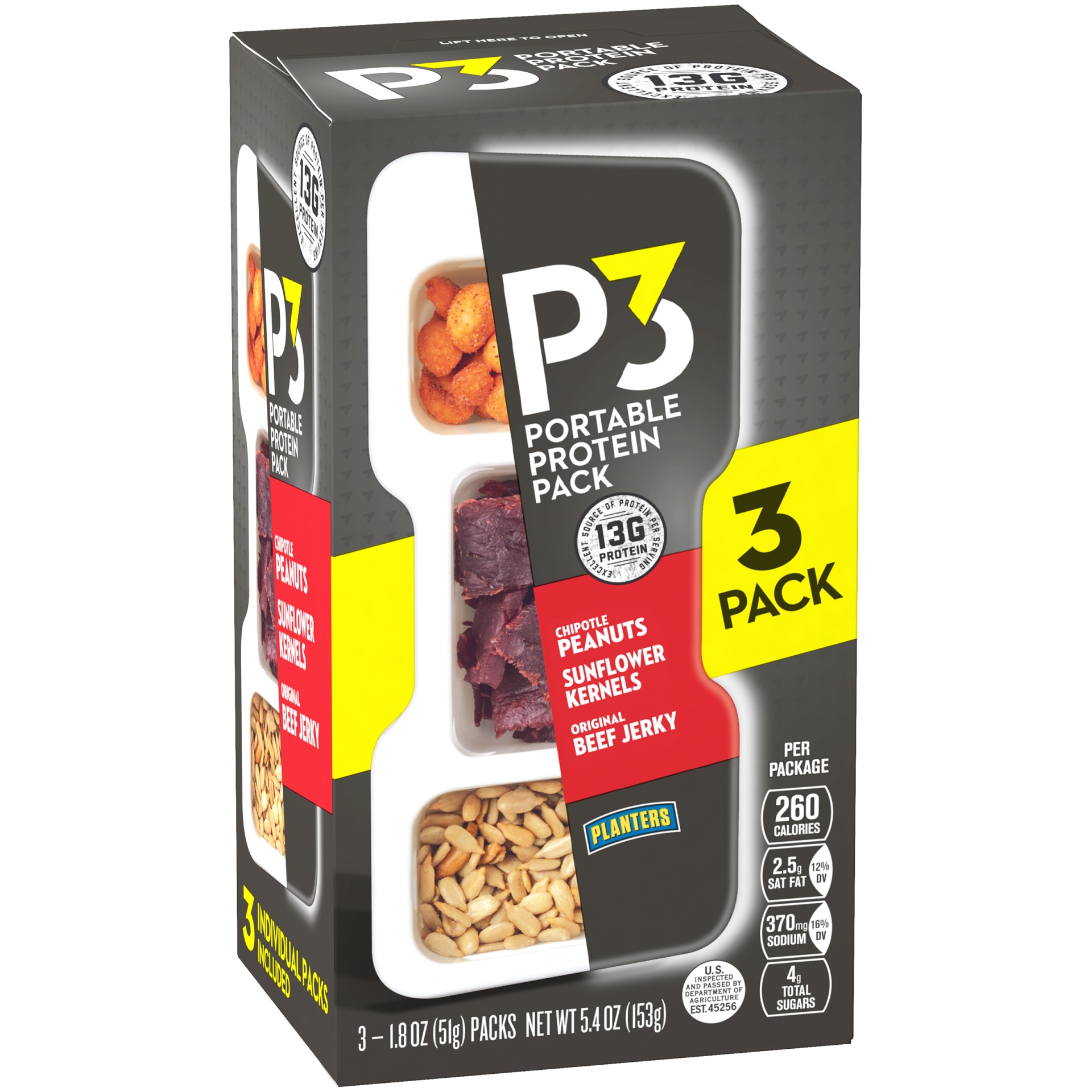 slide 2 of 6, P3 Portable Protein Snack Pack with Chipotle Peanuts, Sunflower Kernels & Original Beef Jerky Trays, 3 ct; 5.4 oz