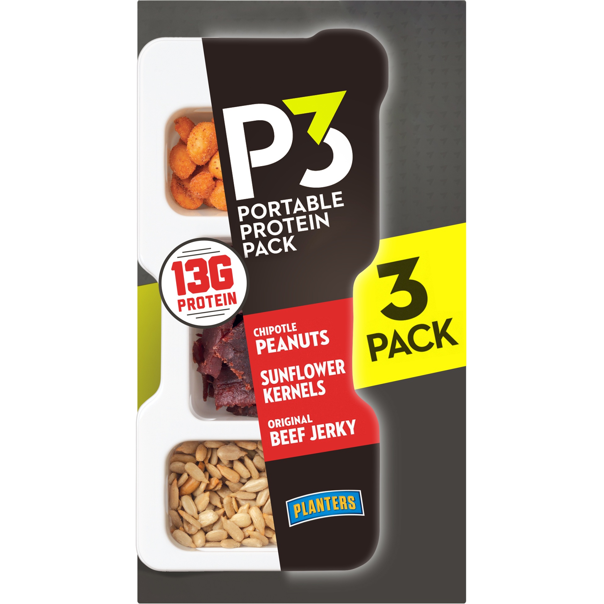 slide 1 of 6, P3 Portable Protein Snack Pack with Chipotle Peanuts, Sunflower Kernels & Original Beef Jerky Trays, 3 ct; 5.4 oz