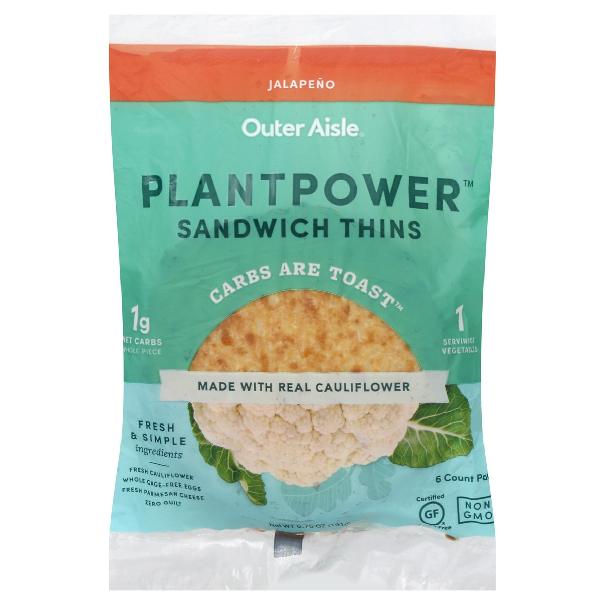 slide 13 of 13, Outer Aisle PlantPower Jalapeno Sandwich Thins 6 ea, 6.75 oz