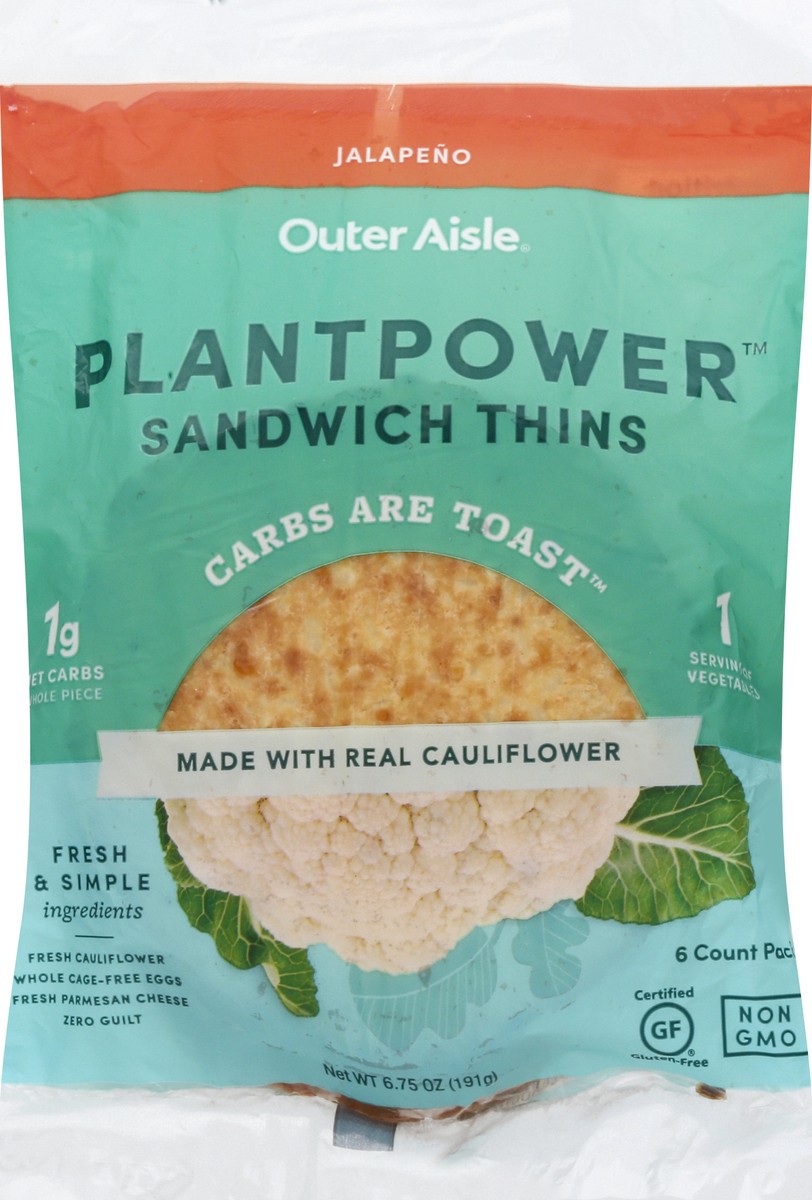 slide 6 of 13, Outer Aisle PlantPower Jalapeno Sandwich Thins 6 ea, 6.75 oz