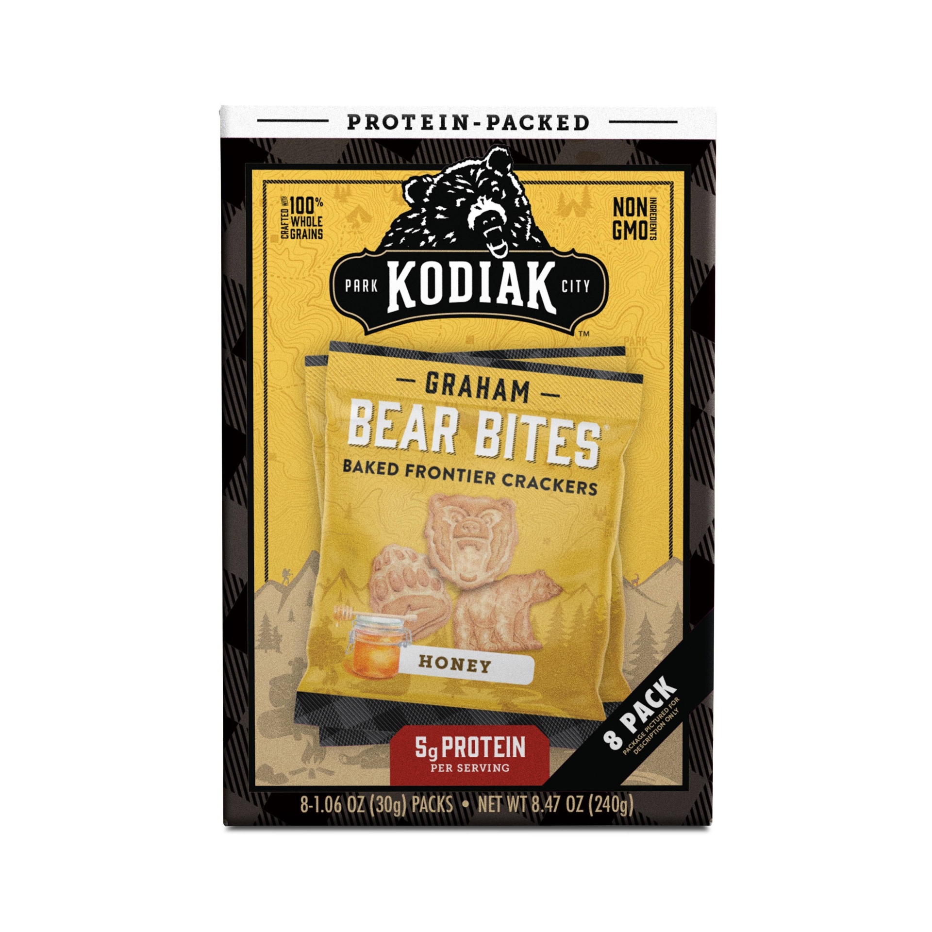 slide 1 of 10, Kodiak Cakes Bear Bites Honey Graham Crackers, 8.47 oz