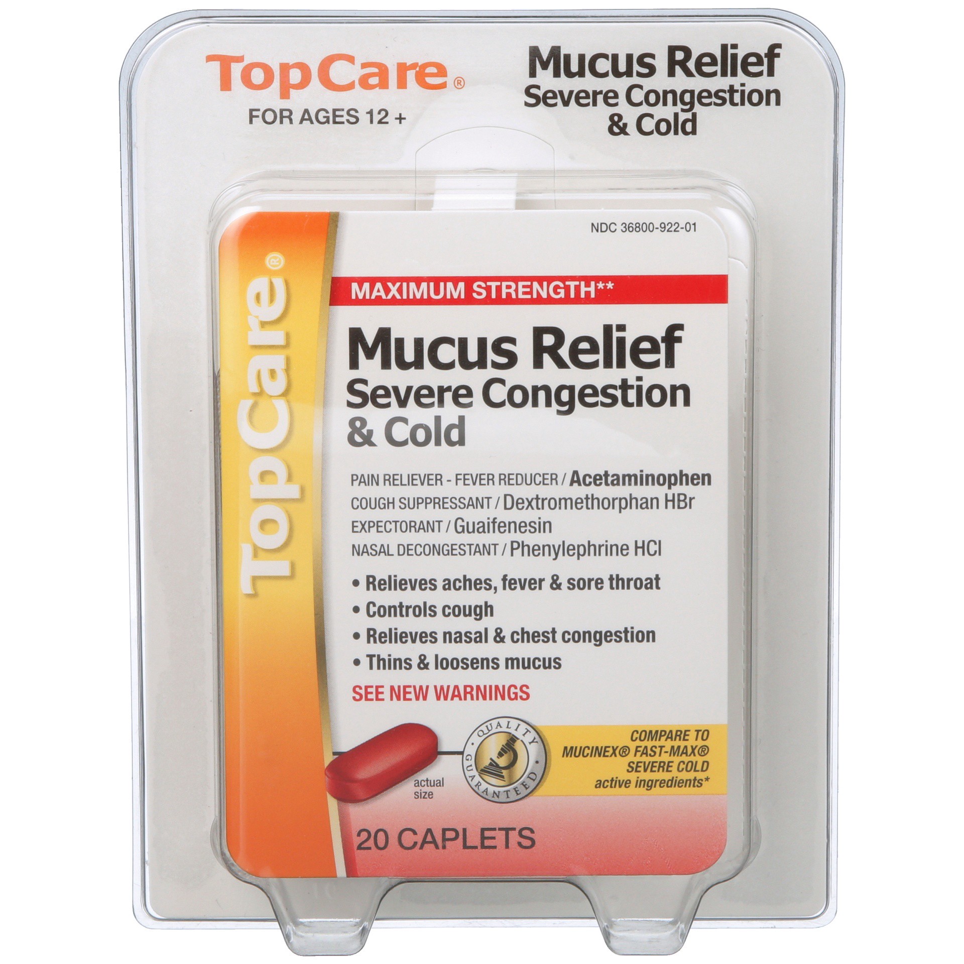 slide 1 of 6, TopCare Maximum Strength Mucus Relief Severe Congestion & Cold Pain Reliever-fever Reducer, Cough Suppressant, Expectorant, Nasal Decongestant Caplets, 20 ct