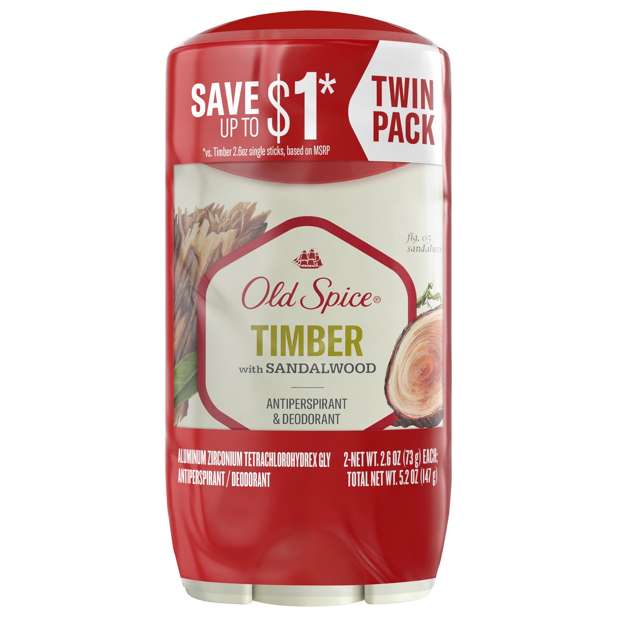 slide 1 of 37, Old Spice Men's Antiperspirant & Deodorant Timber with Sandalwood, 2.6 oz Twin Pack, 2 ct