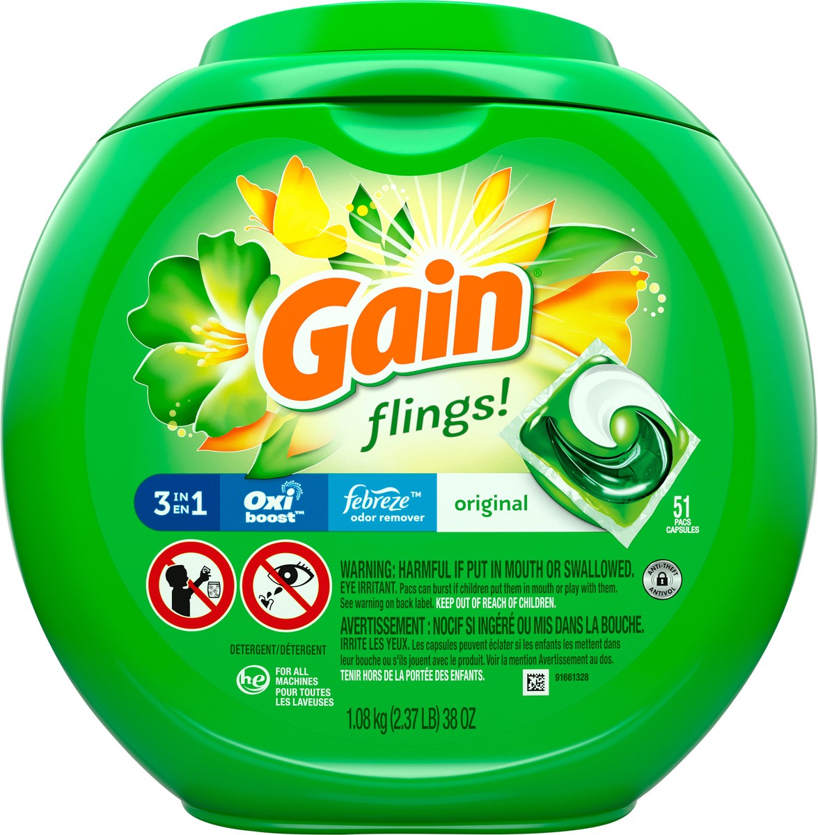 slide 2 of 7, Gain Flings! 3 in 1 Original Detergent Pacs 51 ea Canister, 51 ct