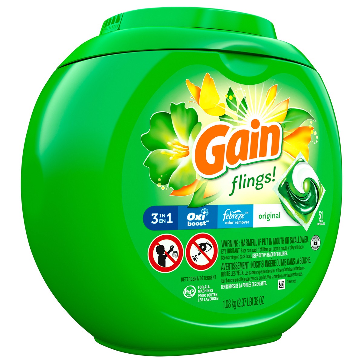 slide 3 of 7, Gain Flings! 3 in 1 Original Detergent Pacs 51 ea Canister, 51 ct