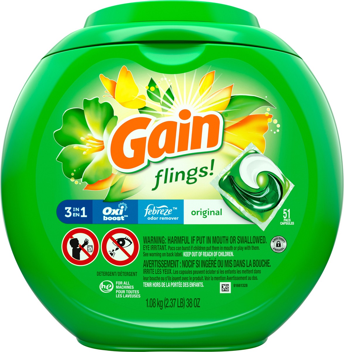 slide 1 of 7, Gain Flings! 3 in 1 Original Detergent Pacs 51 ea Canister, 51 ct