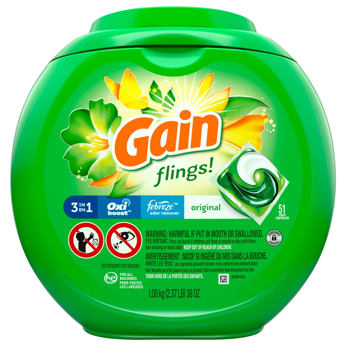 slide 7 of 7, Gain Flings! 3 in 1 Original Detergent Pacs 51 ea Canister, 51 ct