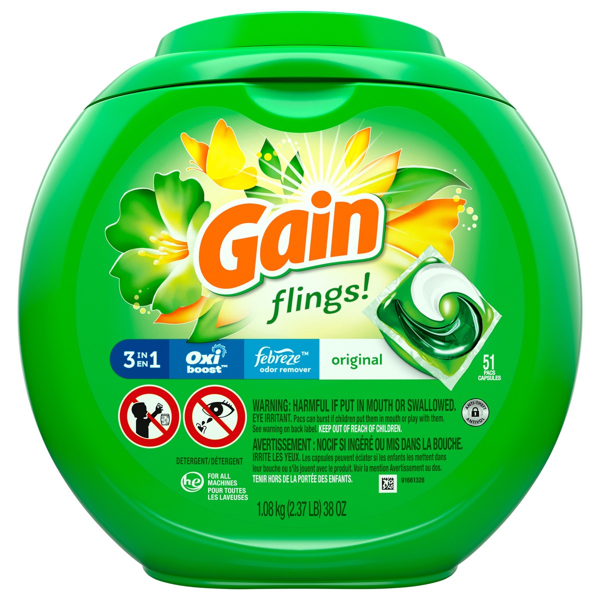 slide 1 of 7, Gain Flings! 3 in 1 Original Detergent Pacs 51 ea Canister, 51 ct