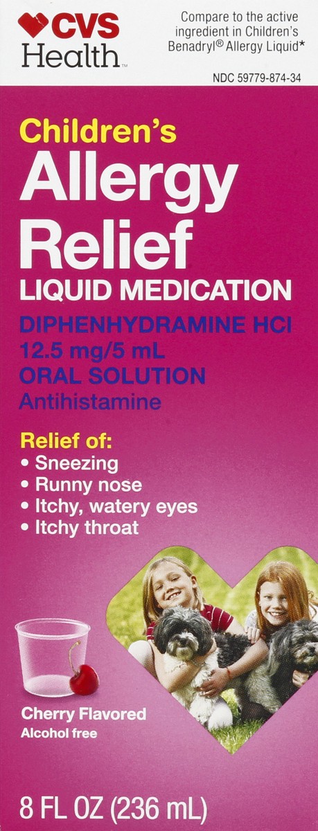 slide 7 of 12, CVS Health Children's Allergy Relief; Diphenhydramine Hydrochloride Oral Solution, Cherry Flavor, 8 Oz, 8 oz