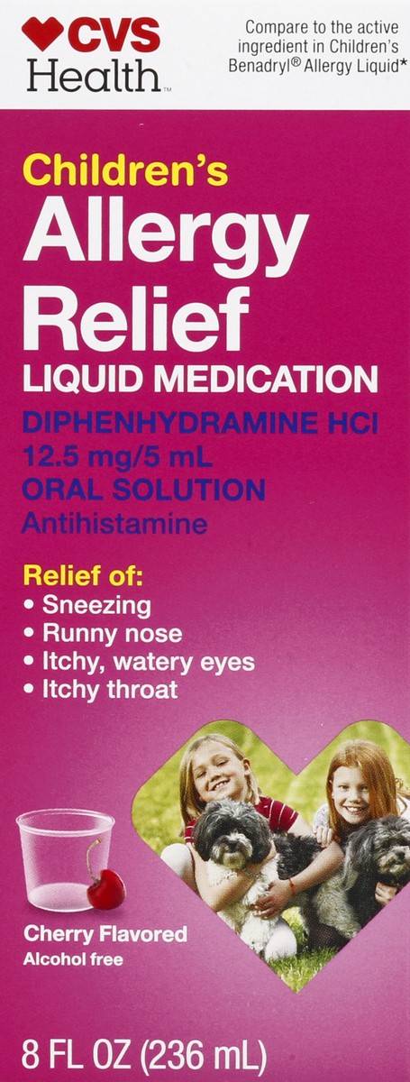 slide 5 of 12, CVS Health Children's Allergy Relief; Diphenhydramine Hydrochloride Oral Solution, Cherry Flavor, 8 Oz, 8 oz
