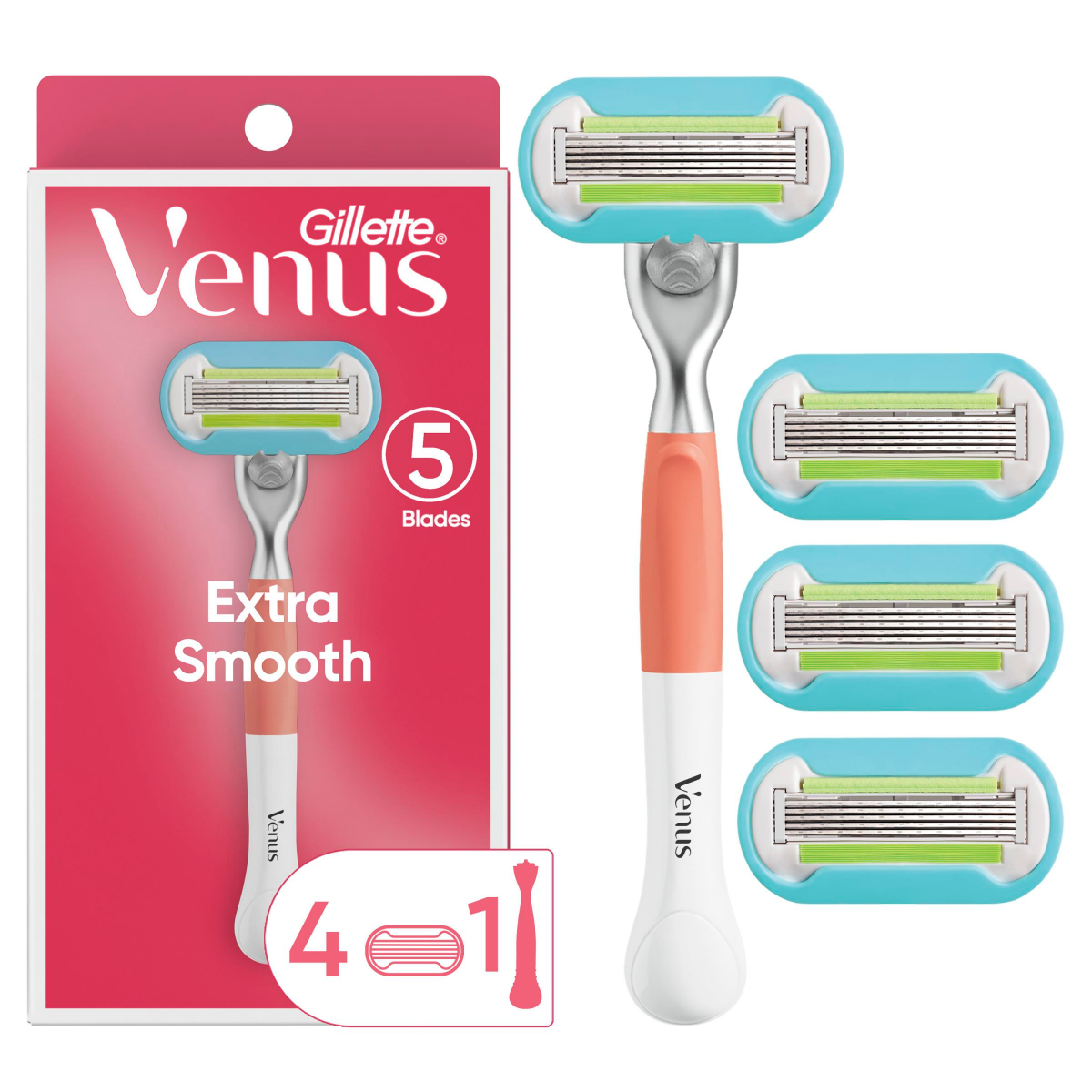 slide 1 of 29, Gillette Venus Extra Smooth Women's Razor with Reusable Razor Handle, 4 Razor Blade Refills and Shower Holder, 1 ct