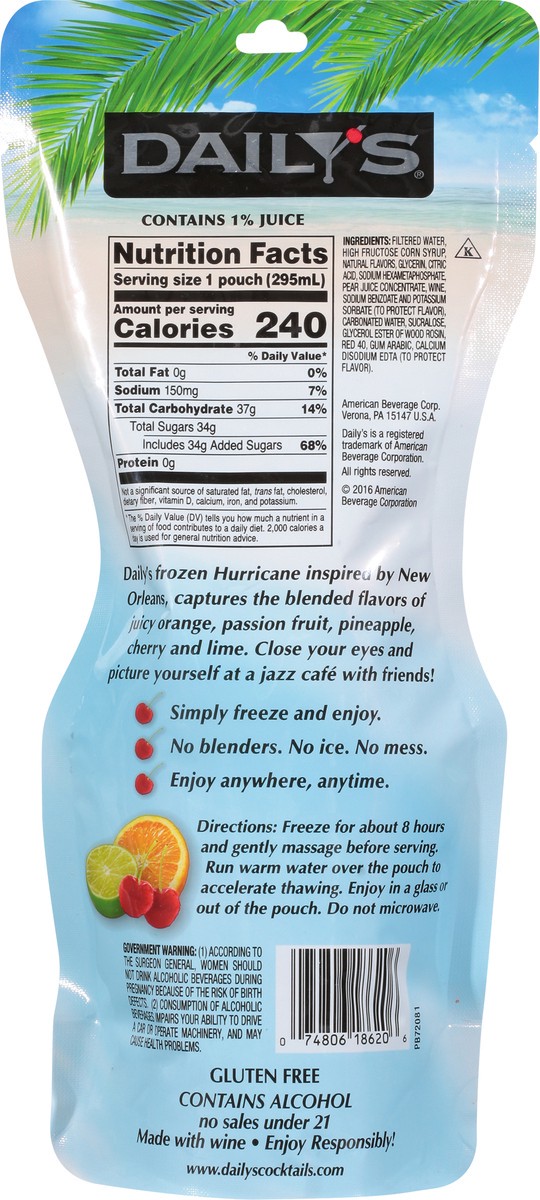slide 4 of 9, Daily's Hurricane Ready to Drink Frozen Cocktail, 10 FL OZ Pouch, 10 fl oz