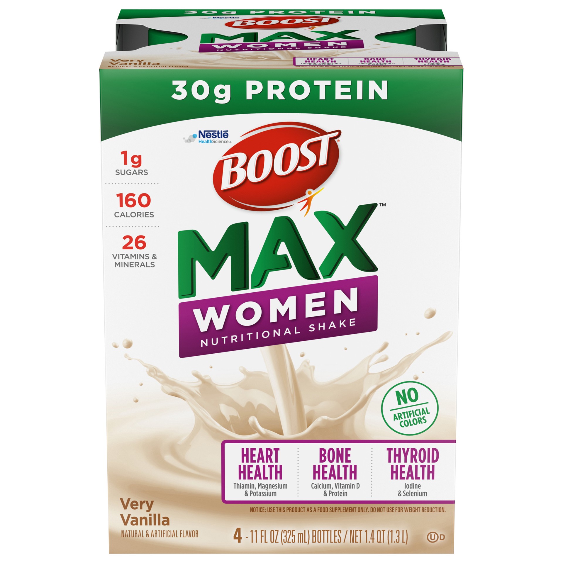 slide 1 of 11, Boost Max Women Ready to Drink Nutritional Shake, Very Vanilla, 4 - 11 FL OZ Bottles, 11 fl oz