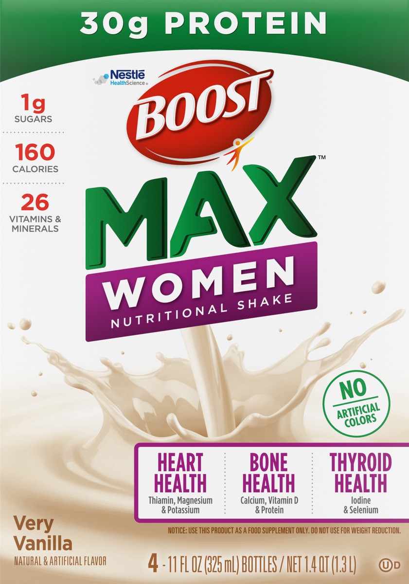 slide 4 of 11, Boost Max Women Ready to Drink Nutritional Shake, Very Vanilla, 4 - 11 FL OZ Bottles, 11 fl oz