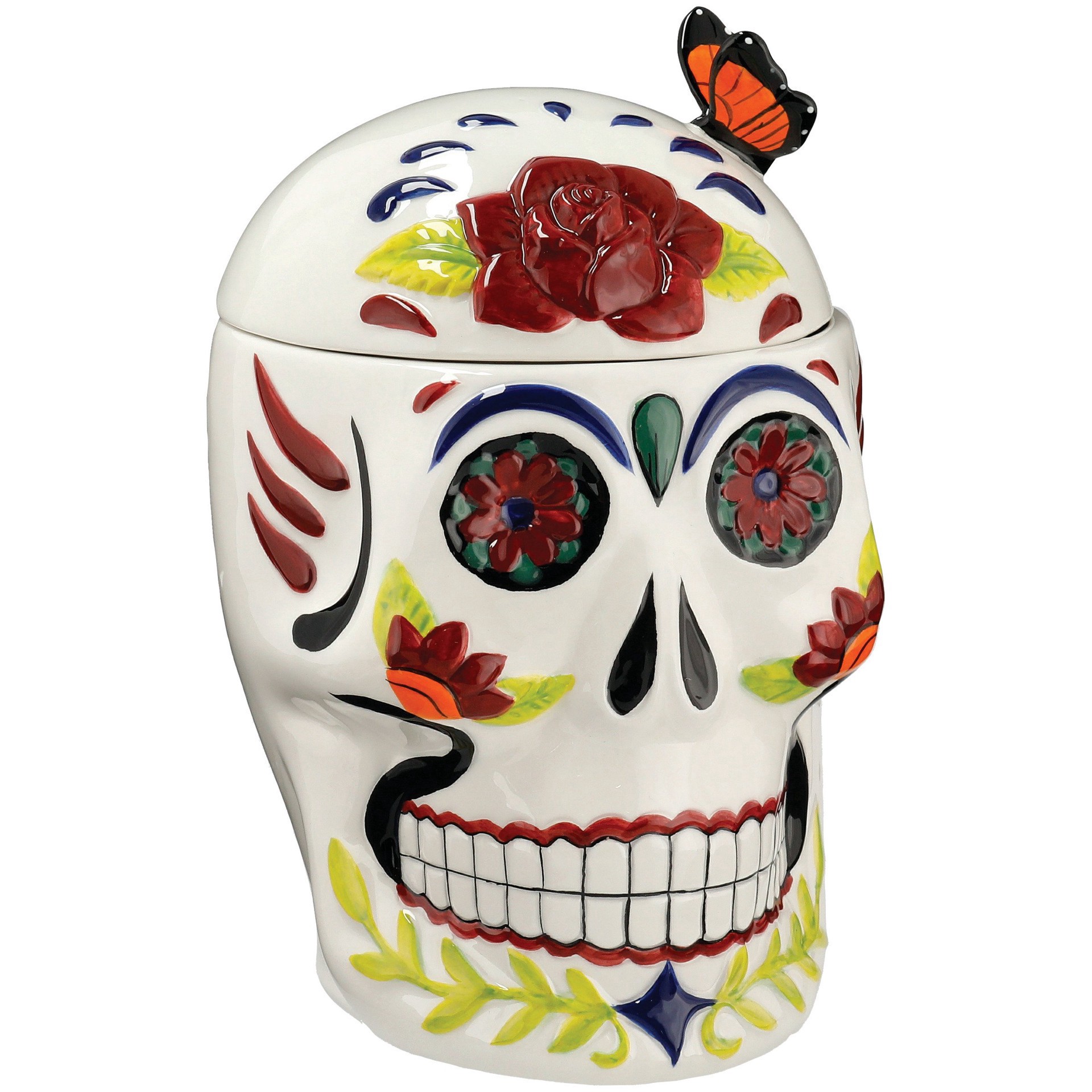 slide 1 of 1, Destination Holiday Day Of The Dead Sugar Skull Ceramic Jar & Lid, 9 in