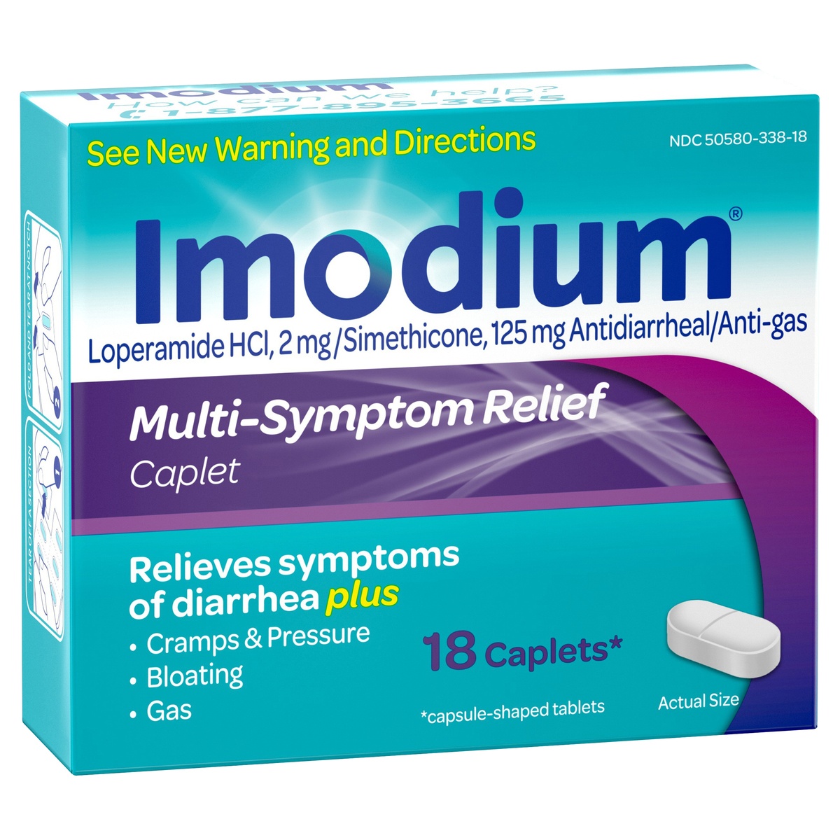 slide 2 of 7, Imodium Multi-Symptom Relief Caplets with Loperamide Hydrochloride and Simethicone, Anti-Diarrheal Medicine for Treatment of Diarrhea, Gas, Bloating, Cramps & Pressure, 18 ct
