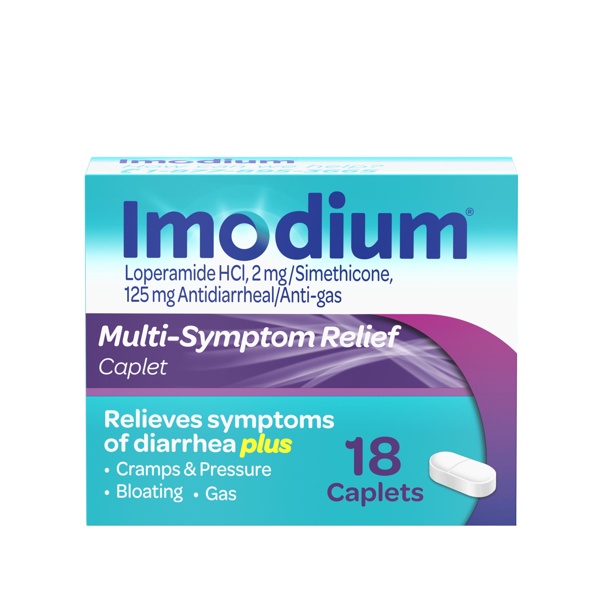 slide 1 of 6, Imodium Multi-Symptom Relief Caplets with Loperamide Hydrochloride and Simethicone, Anti-Diarrheal Medicine for Treatment of Diarrhea, Gas, Bloating, Cramps & Pressure, 18 ct