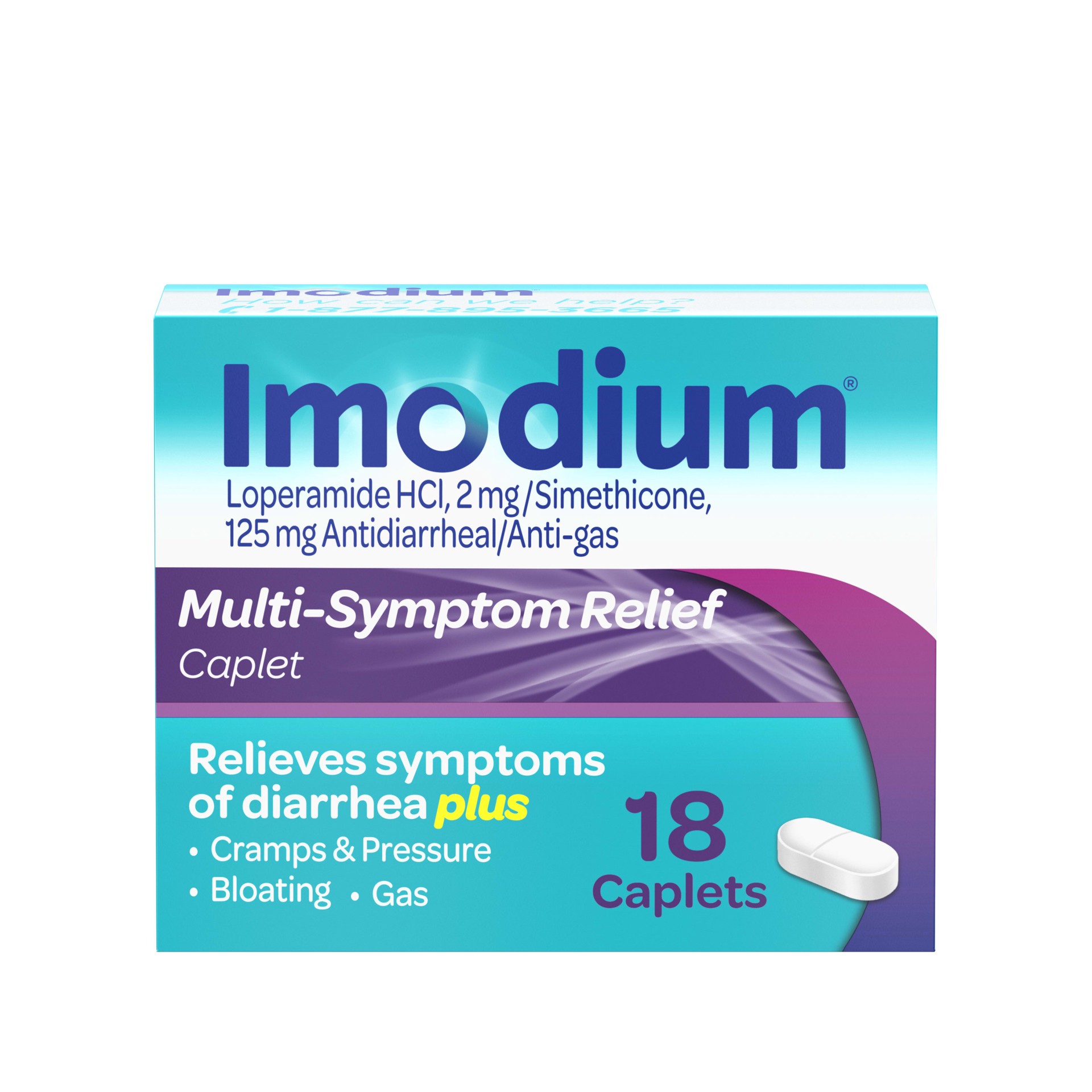 slide 1 of 9, Imodium Multi-Symptom Relief Caplets with Loperamide Hydrochloride and Simethicone, Anti-Diarrheal Medicine for Treatment of Diarrhea, Gas, Bloating, Cramps & Pressure, 18 ct., 18 ct