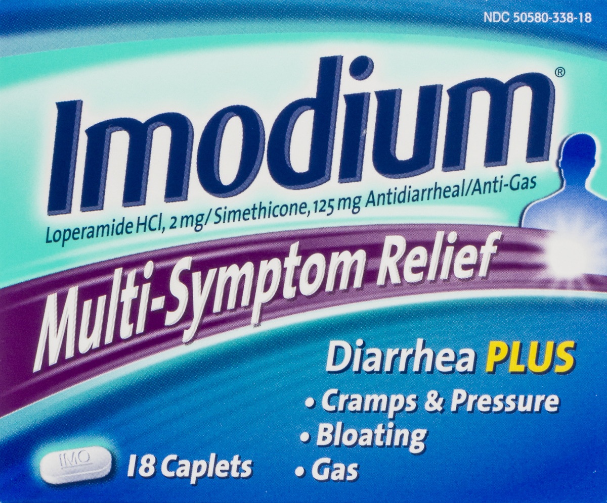 slide 6 of 7, Imodium Multi-Symptom Relief Caplets with Loperamide Hydrochloride and Simethicone, Anti-Diarrheal Medicine for Treatment of Diarrhea, Gas, Bloating, Cramps & Pressure, 18 ct