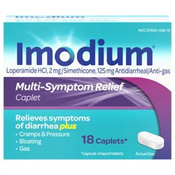 Imodium Multi-Symptom Relief Caplets with Loperamide Hydrochloride and Simethicone, Anti-Diarrheal Medicine for Treatment of Diarrhea, Gas, Bloating, Cramps & Pressure, 18 ct.