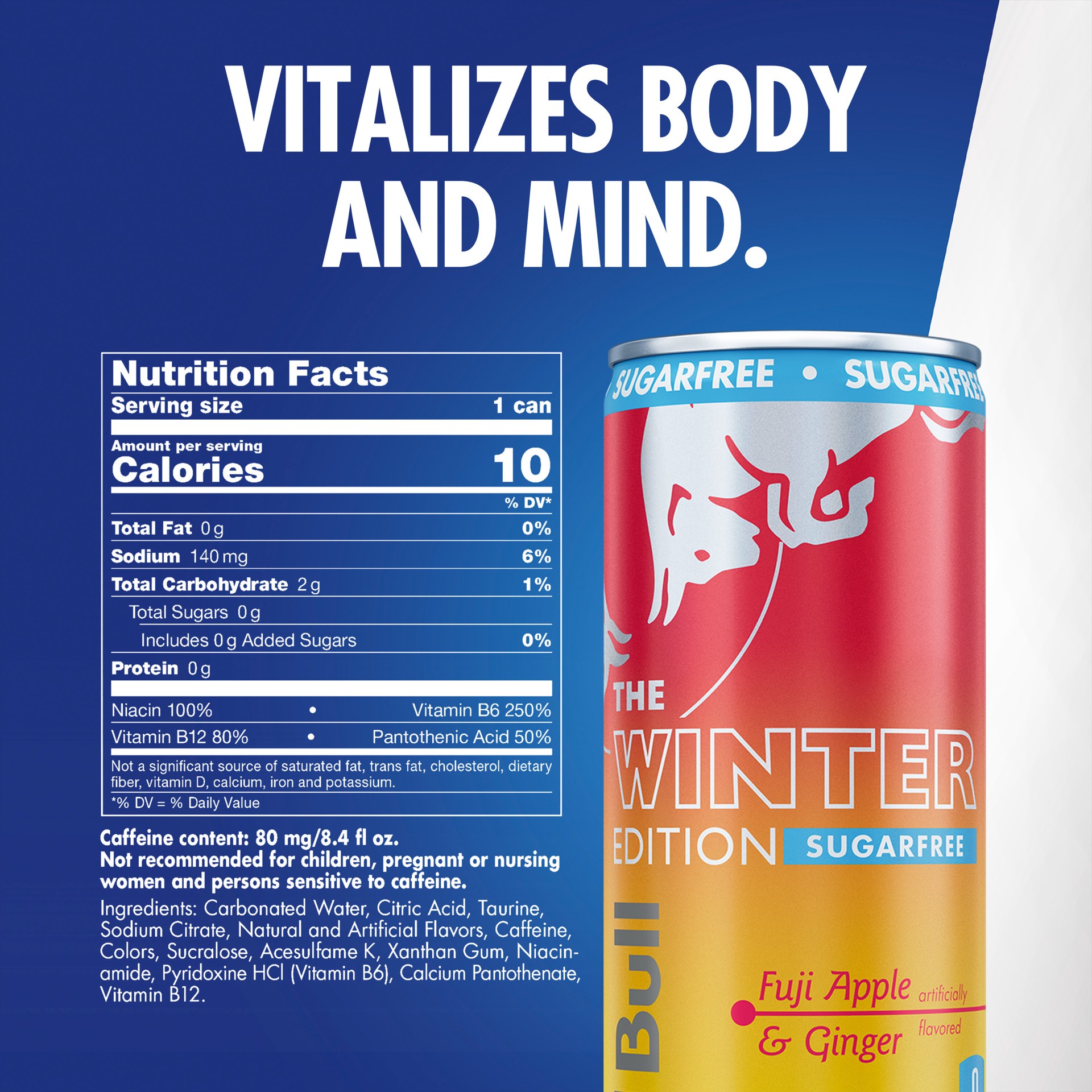slide 5 of 7, Red Bull Winter Edition Sugarfree Energy Drink, Fuji Apple & Ginger, 8.4 fl. oz. Can, 80mg Caffeine, Taurine & B Vitamins, 8.40 fl oz