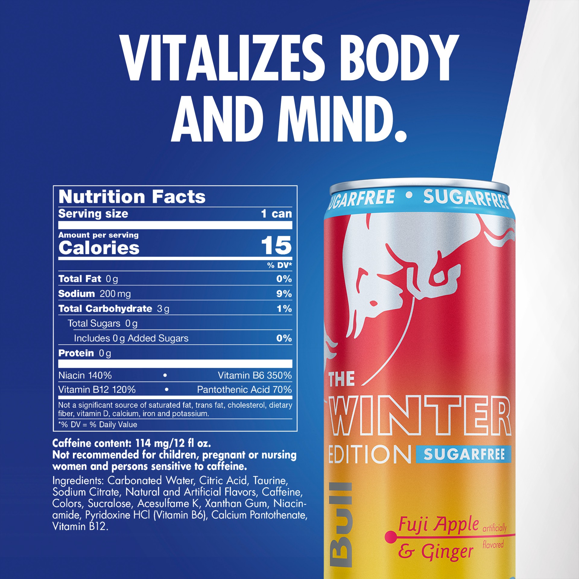 slide 3 of 7, Red Bull Winter Edition Sugarfree Energy Drink, Fuji Apple & Ginger, 12 fl. oz. Can, Pack of 4 Cans, 114mg Caffeine, Taurine & B Vitamins, 48 oz