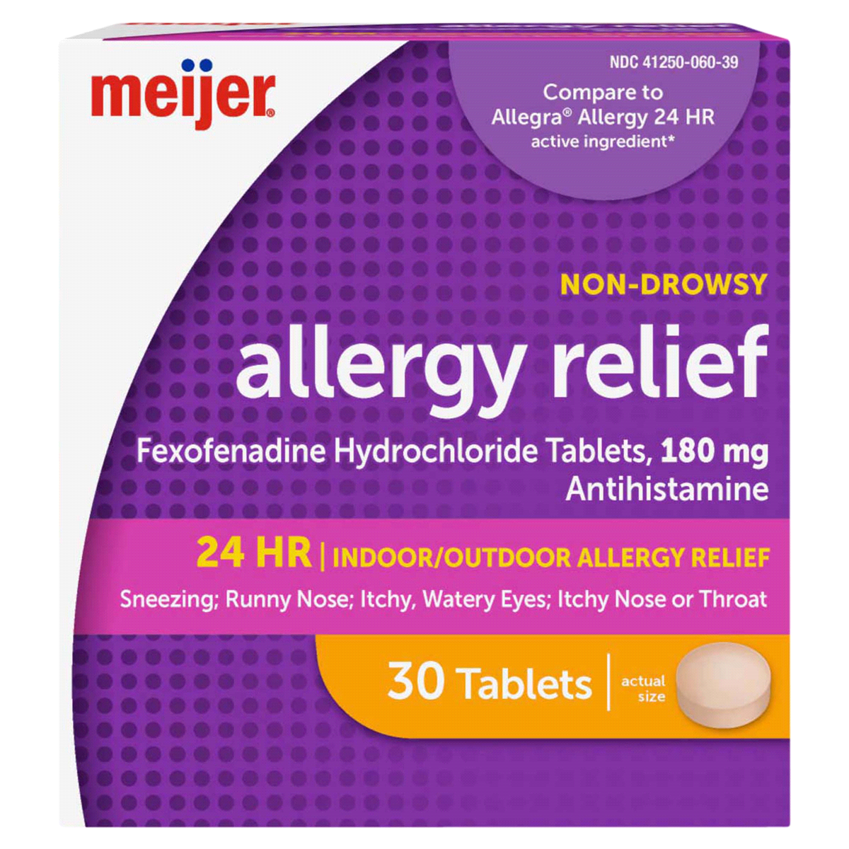 slide 1 of 29, Meijer 24 Hour Allergy Relief, Fexofenadine Hydrochloride Tablets, Antihistamine, 180 mg, 30 ct