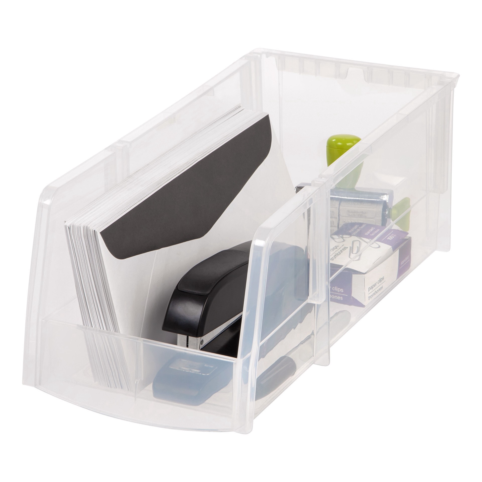 slide 5 of 7, Iris Large Clear Plastic Stacking Bin, 6 in x 13 in x 5 in
