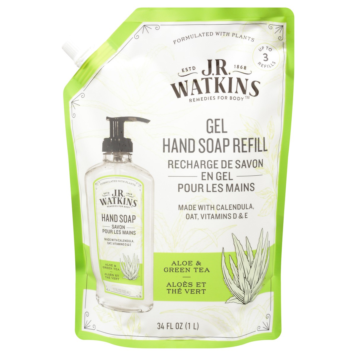 slide 1 of 10, J.R. Watkins Aloe/Green Tea Hand Soap Refill 34 fl oz, 34 fl oz