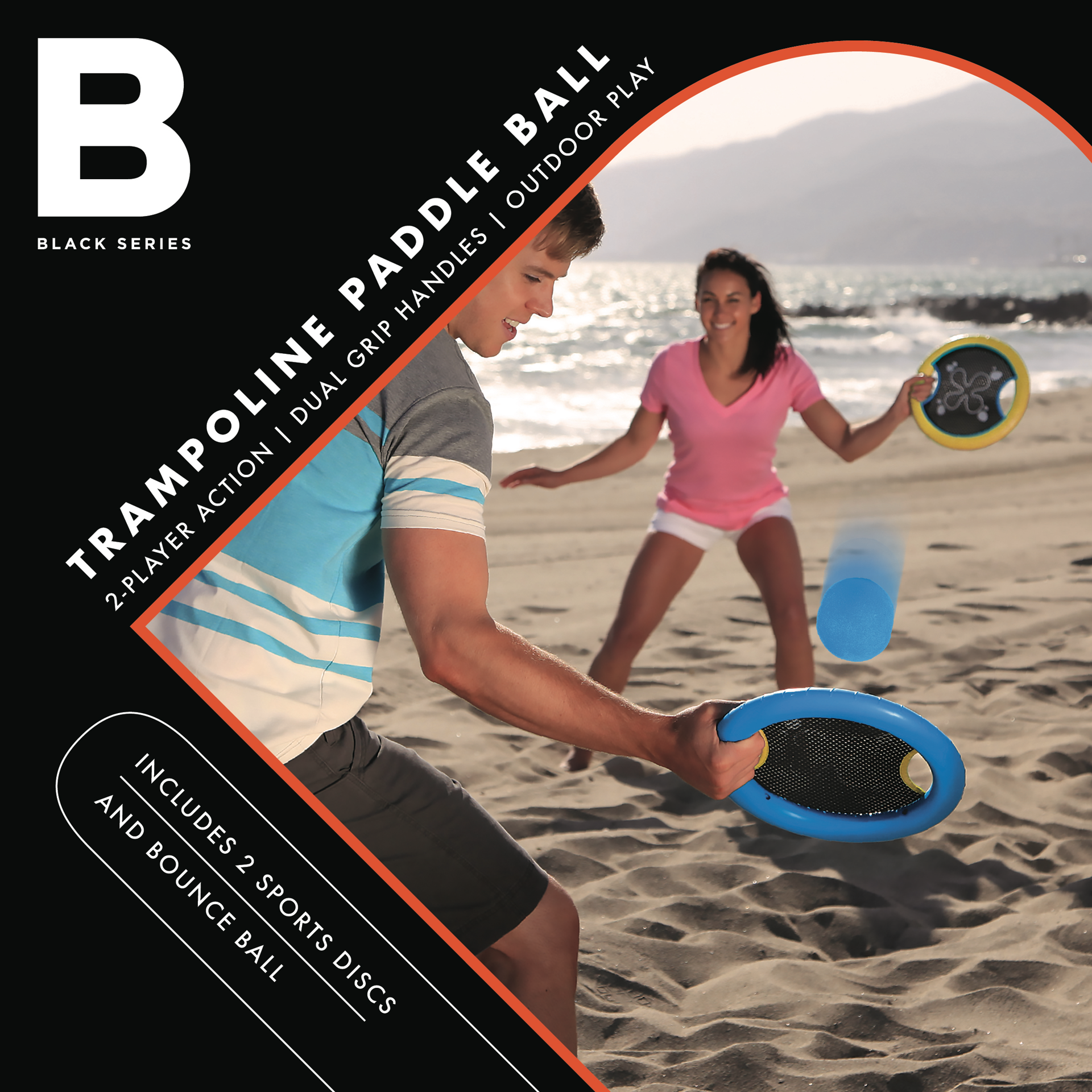 slide 5 of 7, Black Series Trampoline Paddle Ball and Flying Disc Set, Indoor Outdoor Game for Two, 1 PK