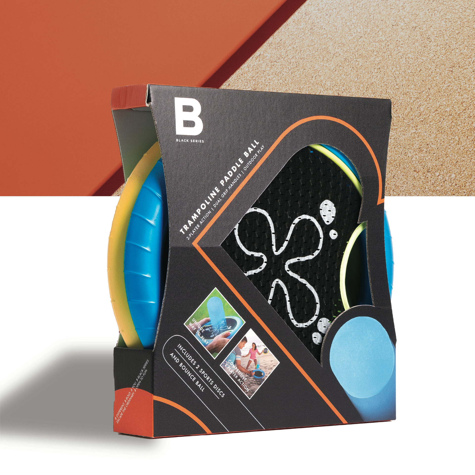 slide 7 of 7, Black Series Trampoline Paddle Ball and Flying Disc Set, Indoor Outdoor Game for Two, 1 PK