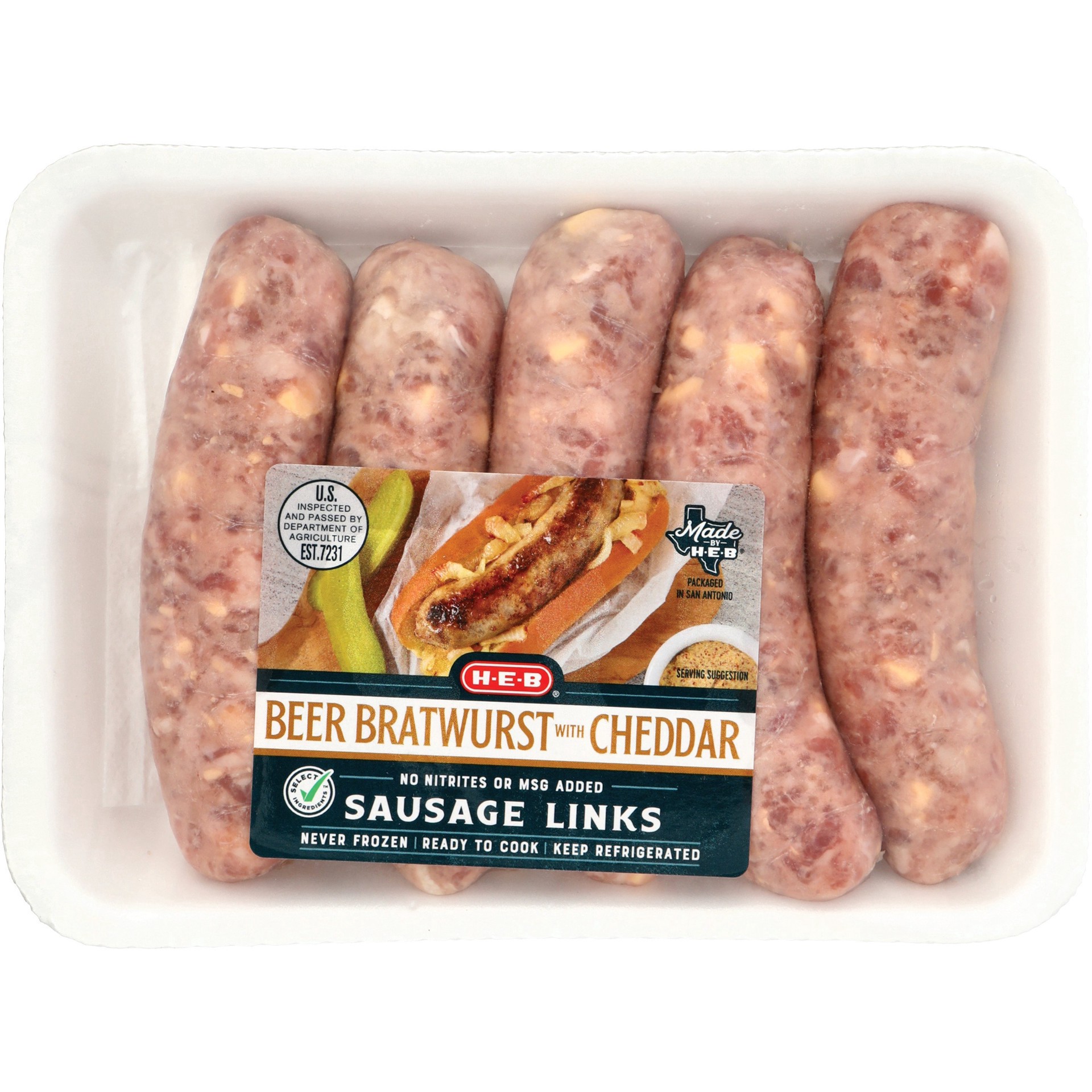 slide 1 of 1, H-E-B Beer Bratwurst with Cheddar - Pork Sausage Links, per lb
