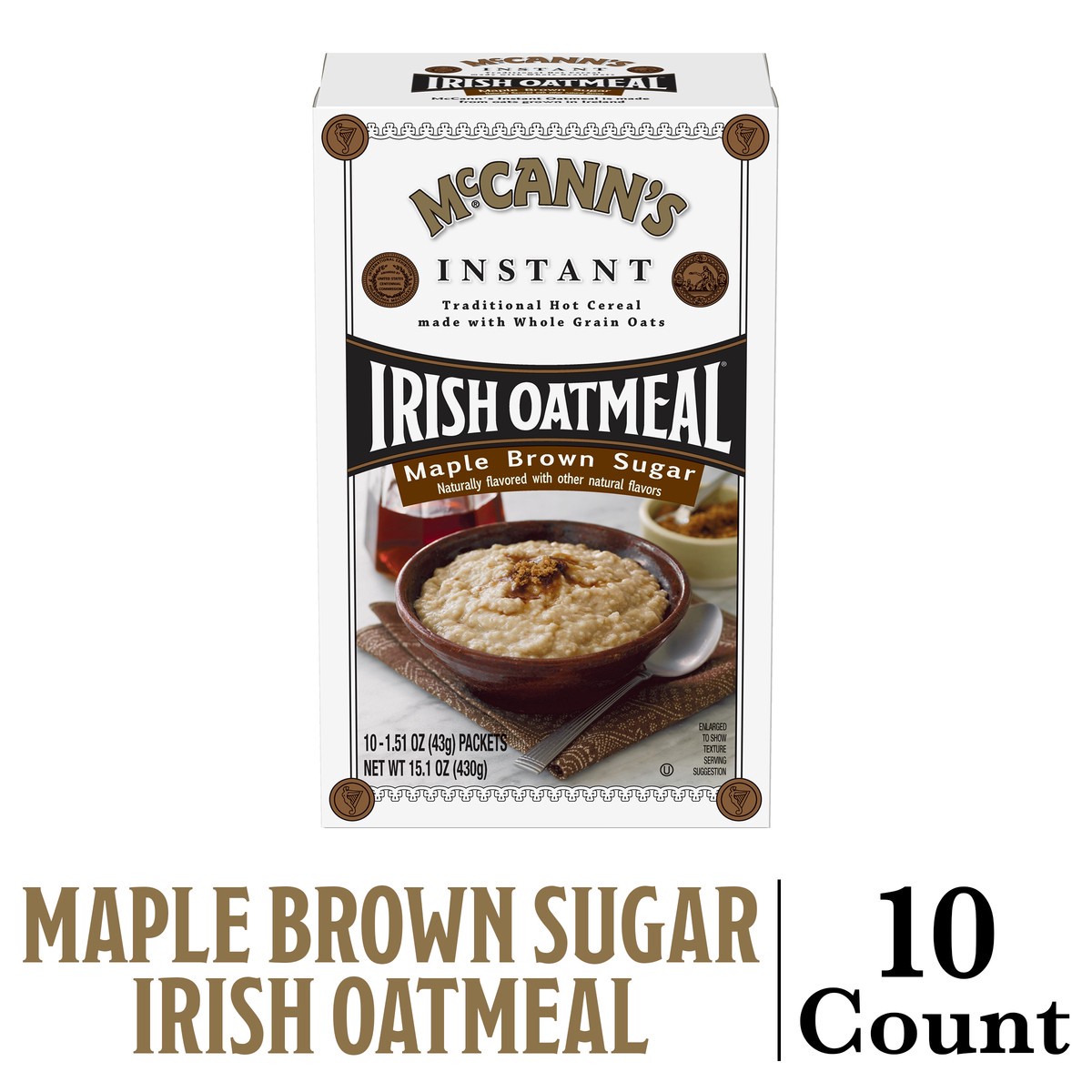 slide 8 of 15, McCann's Maple & Brown Sugar Instant Irish Oatmeal, Instant Oatmeal, Kosher, 10 Count Box, 15.1 oz