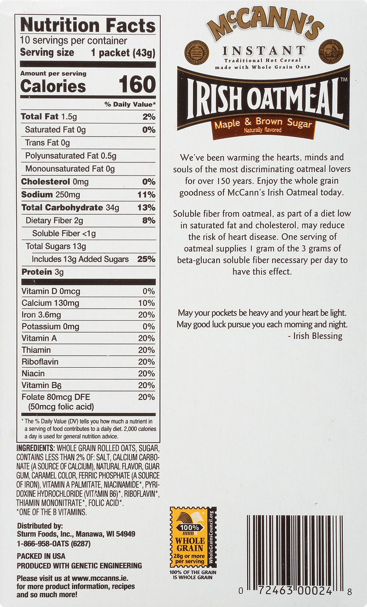 slide 12 of 15, McCann's Maple & Brown Sugar Instant Irish Oatmeal, Instant Oatmeal, Kosher, 10 Count Box, 15.1 oz