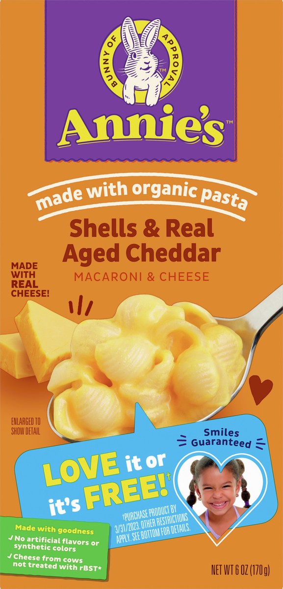 slide 2 of 8, Annie's Shells and Real Aged Cheddar, Made with Organic Pasta and Real Cheese, 6 oz, 6 oz