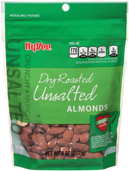slide 1 of 1, Hy-Vee Unsalted Almonds Dry Roasted, 8 oz