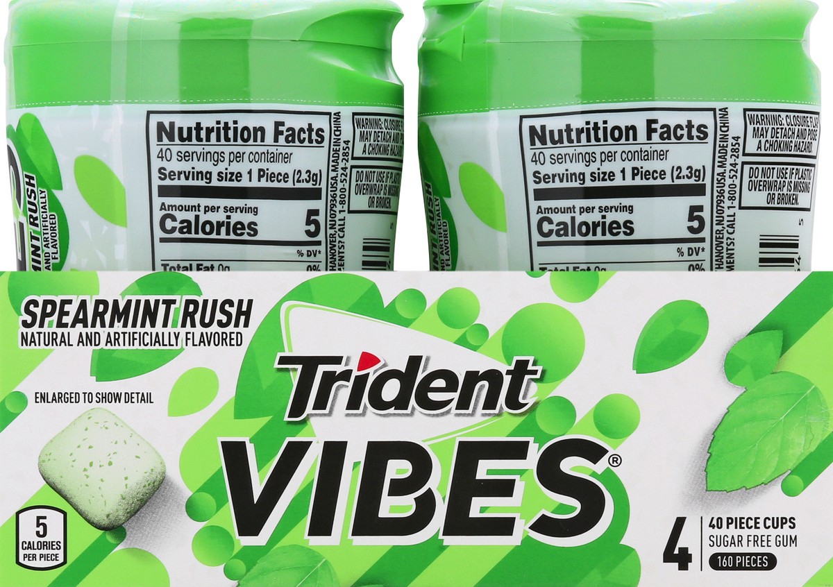 slide 2 of 13, Trident Vibes Spearmint Rush Sugar Free Gum, 4 Bottles of 40 Pieces (160 Total Pieces), 12.98 oz