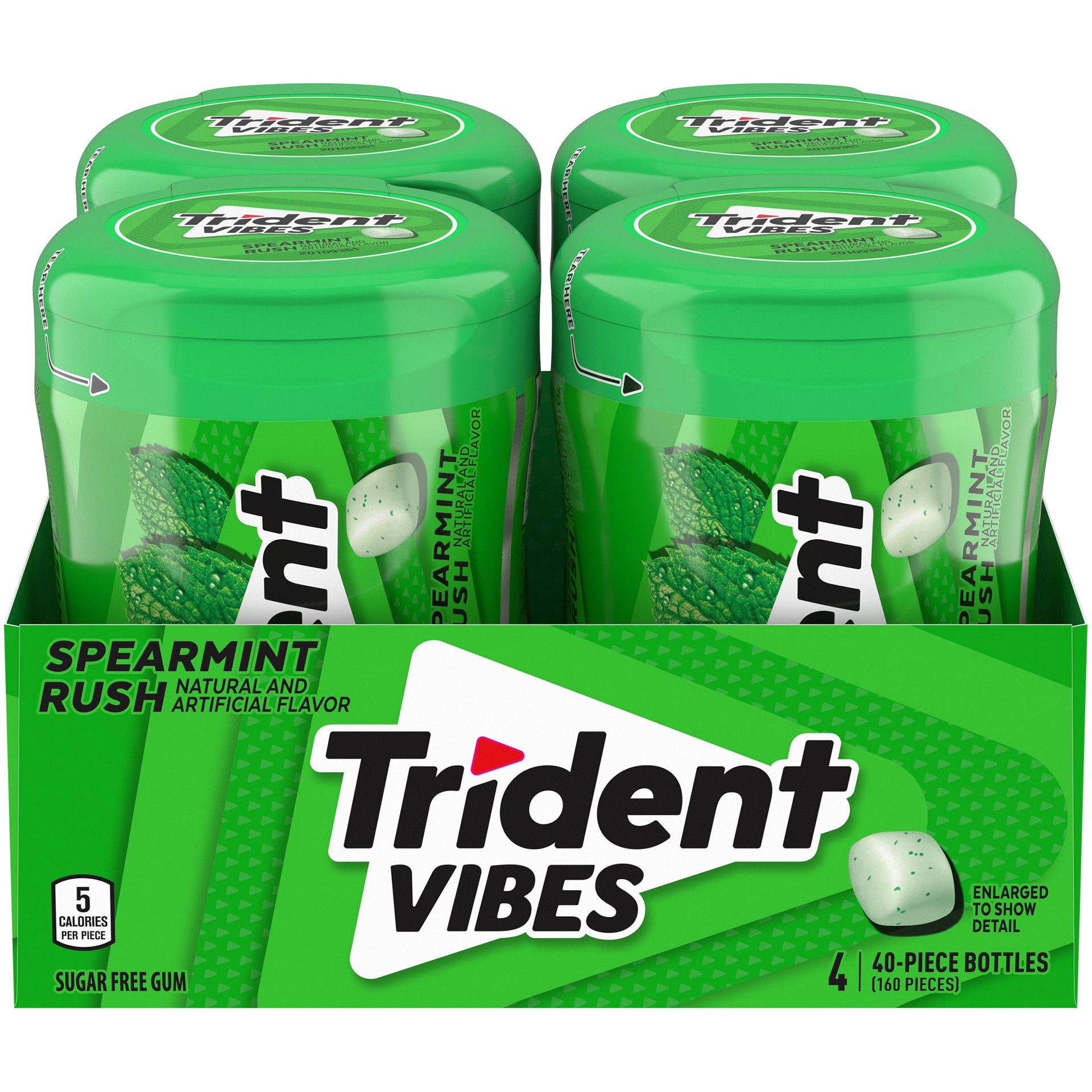 slide 1 of 13, Trident Vibes Spearmint Rush Sugar Free Gum, 4 Bottles of 40 Pieces (160 Total Pieces), 12.98 oz