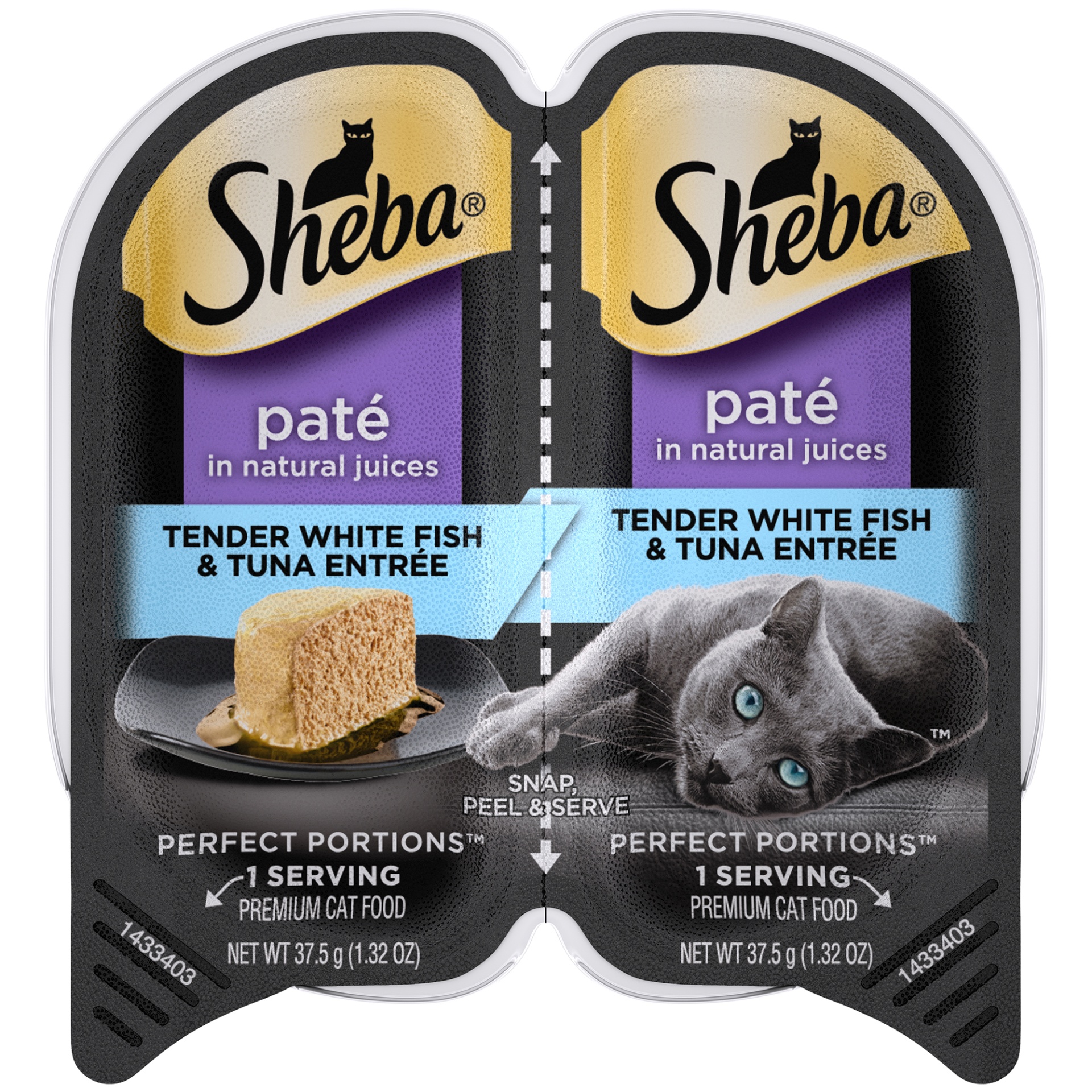 slide 1 of 1, SHEBA Wet Cat Food Pate, Tender Whitefish & Tuna Entree, (24) PERFECT PORTIONS Twin Pack Trays, 2.6 oz