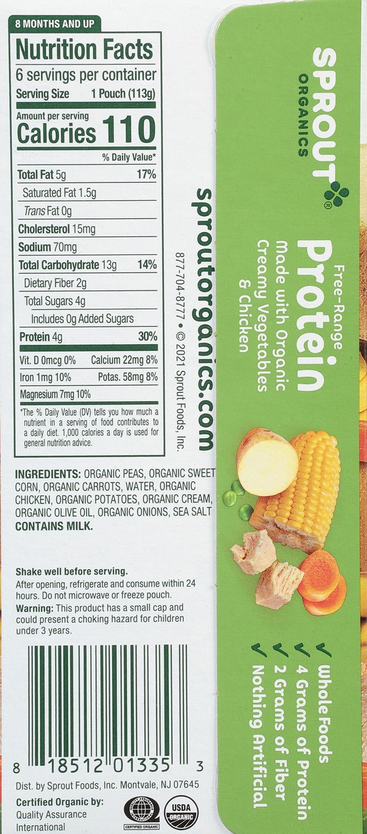 slide 8 of 12, Sprout Organics 8 Months and Up Protein Organic Creamy Vegetables & Chicken 6 - 4 oz Pouches, 6 ct